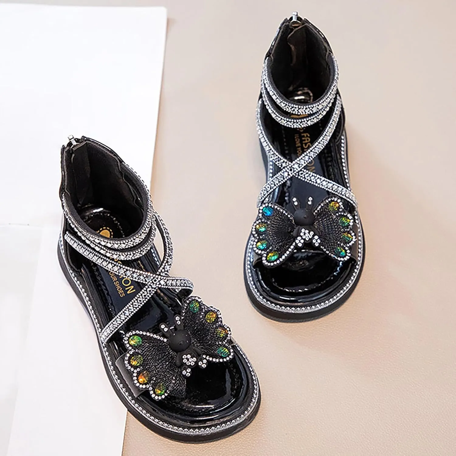 Girls Summer Princess Sandals Open Toe Rhinestone Butterfly Print Foot Back Zipper Off Roman Sandals Daily Casual Outdoor Girls Shoes