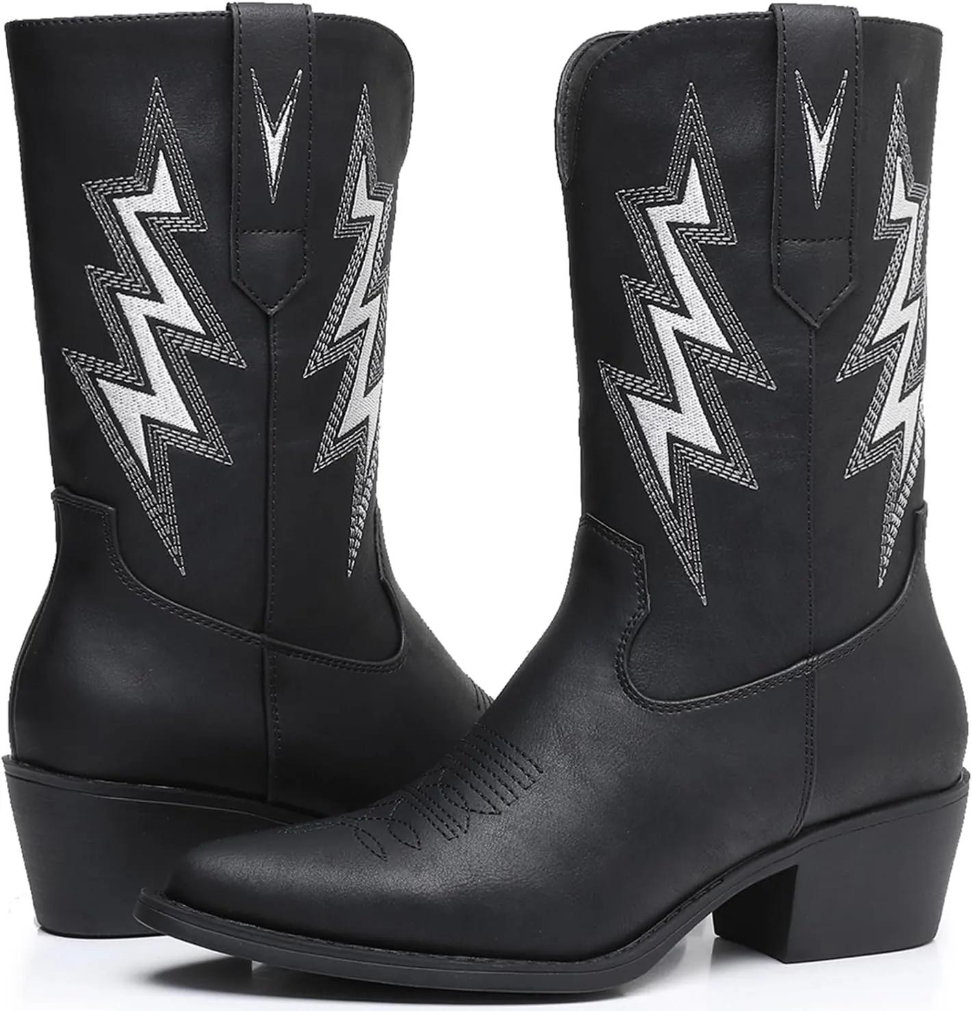GLOBALWIN Women's Mid Calf Western Cowboy Cowgirl Pointed Toe Boots With Chunky Low Heels
