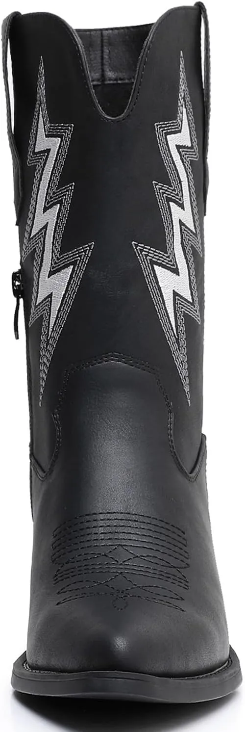 GLOBALWIN Women's Mid Calf Western Cowboy Cowgirl Pointed Toe Boots With Chunky Low Heels