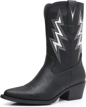 GLOBALWIN Women's Mid Calf Western Cowboy Cowgirl Pointed Toe Boots With Chunky Low Heels