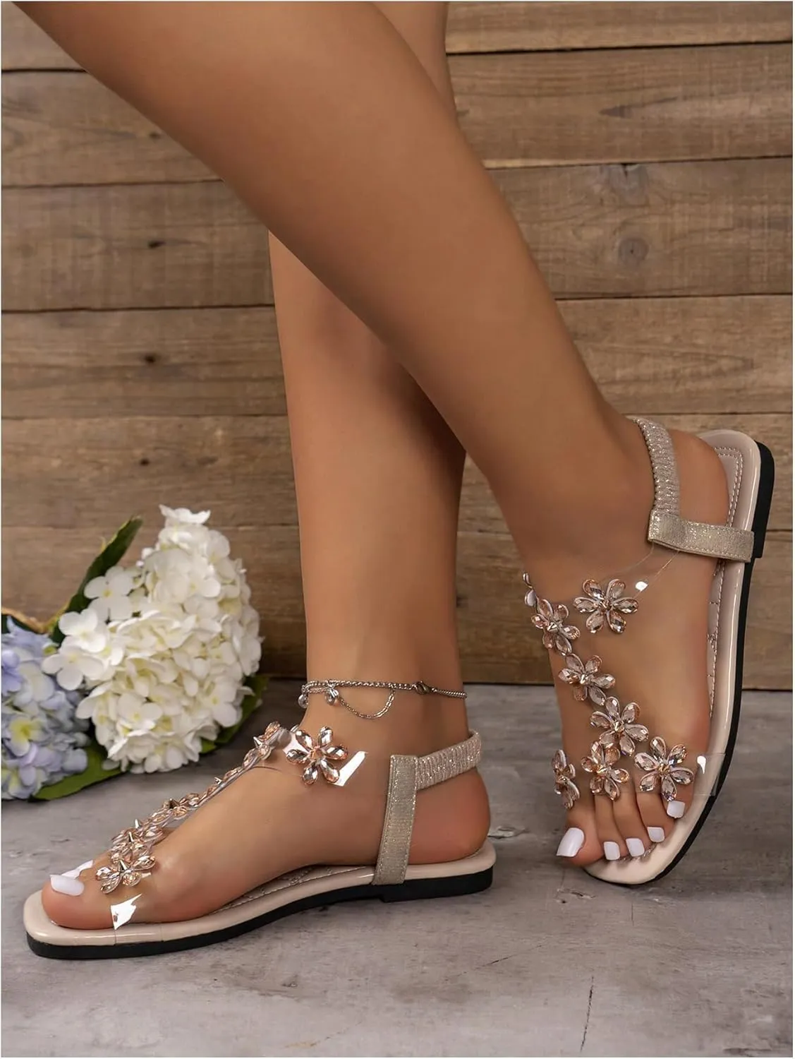 GORGLITTER Women's Clear Ankle Strap Sandals Dressy Cute Strappy Flower Transparent Sandals