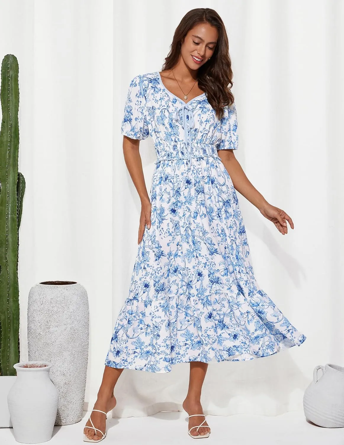 GRACE KARIN 2025 Women's Summer Floral Flowy A Line Midi Dresses Elegant Short Sleeve Smocked V-Neck Tiered Dresses