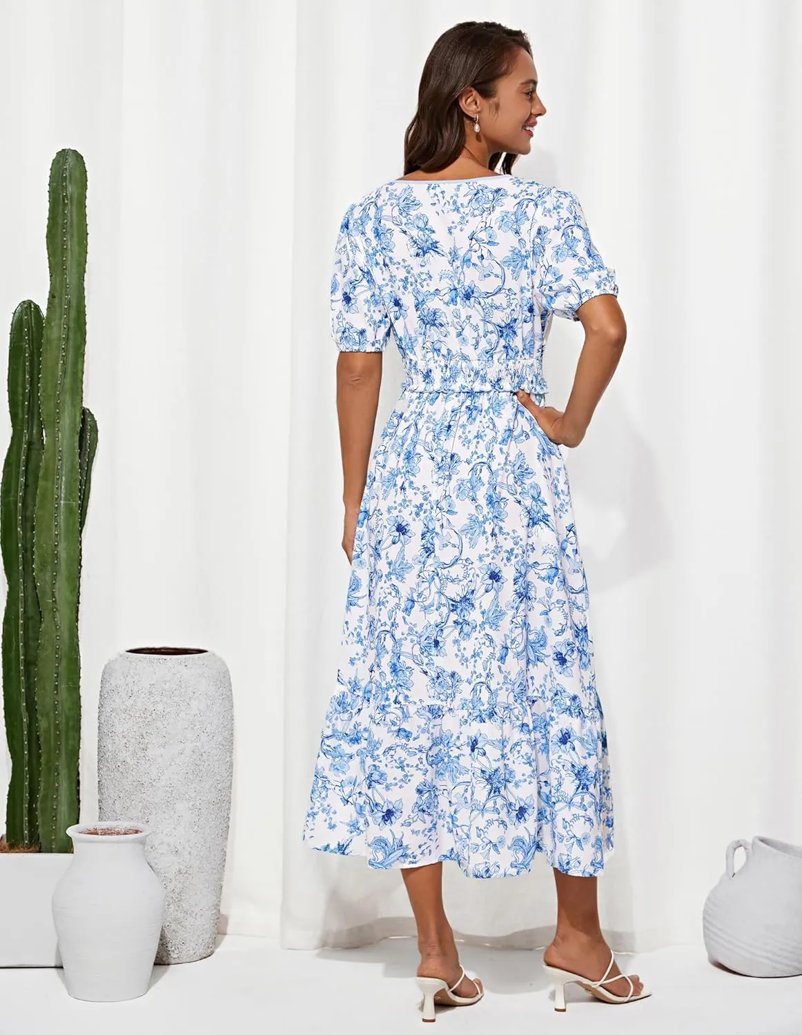 GRACE KARIN 2025 Women's Summer Floral Flowy A Line Midi Dresses Elegant Short Sleeve Smocked V-Neck Tiered Dresses