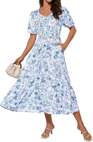 GRACE KARIN 2025 Women's Summer Floral Flowy A Line Midi Dresses Elegant Short Sleeve Smocked V-Neck Tiered Dresses