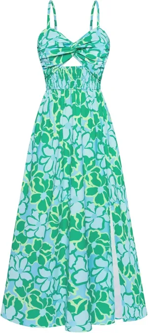 GRACE KARIN 2025 Women's Summer Spaghetti Strap Maxi Dress Smocked Floral Dress Sleeveless Boho Beach Sundress with Pockets