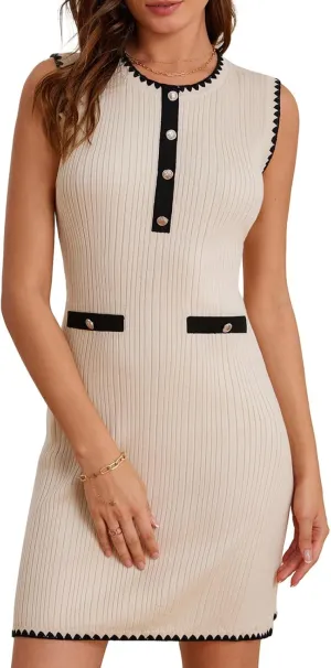 GRACE KARIN Women's 2025 Summer Sleeveless Mini Dresses Button Crew Neck Contrast Elegant Sweater Tank Dress