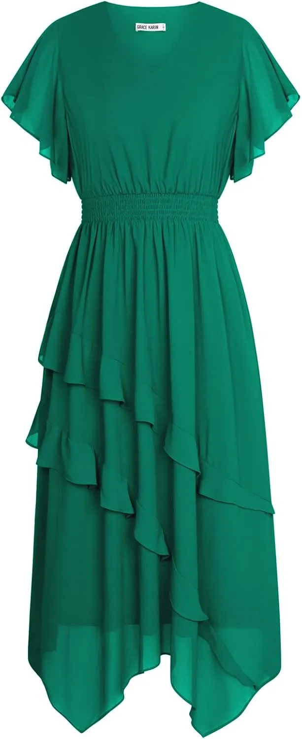 GRACE KARIN Women's Casual Summer V Neck Flutter Ruffle Short Sleeve 2025 Empire High Waist Flowy Midi Dresses