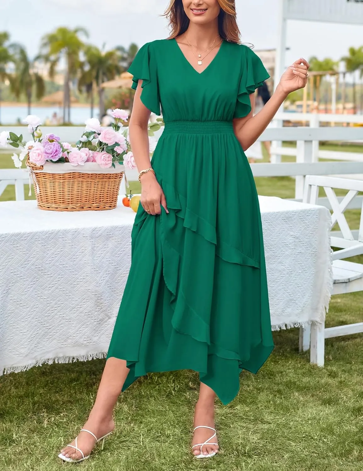 GRACE KARIN Women's Casual Summer V Neck Flutter Ruffle Short Sleeve 2025 Empire High Waist Flowy Midi Dresses