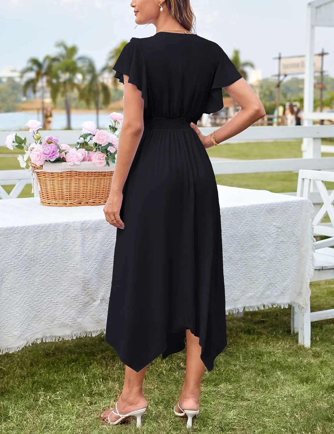 GRACE KARIN Women's Casual Summer V Neck Flutter Ruffle Short Sleeve 2025 Empire High Waist Flowy Midi Dresses