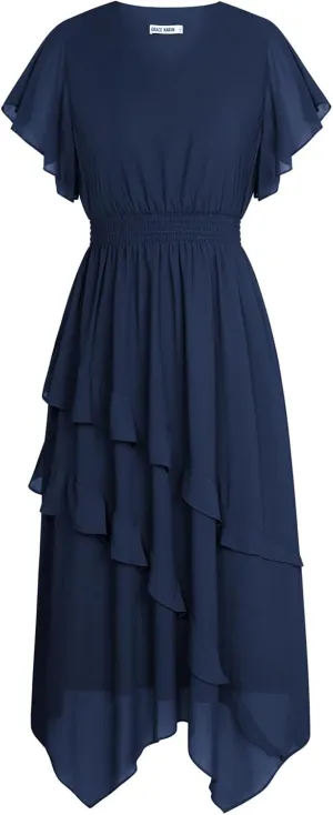 GRACE KARIN Women's Casual Summer V Neck Flutter Ruffle Short Sleeve 2025 Empire High Waist Flowy Midi Dresses