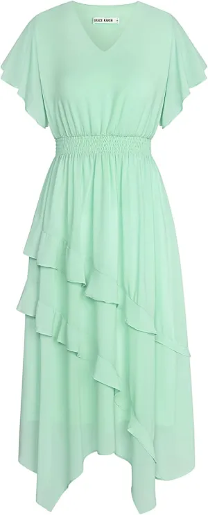 GRACE KARIN Women's Casual Summer V Neck Flutter Ruffle Short Sleeve 2025 Empire High Waist Flowy Midi Dresses