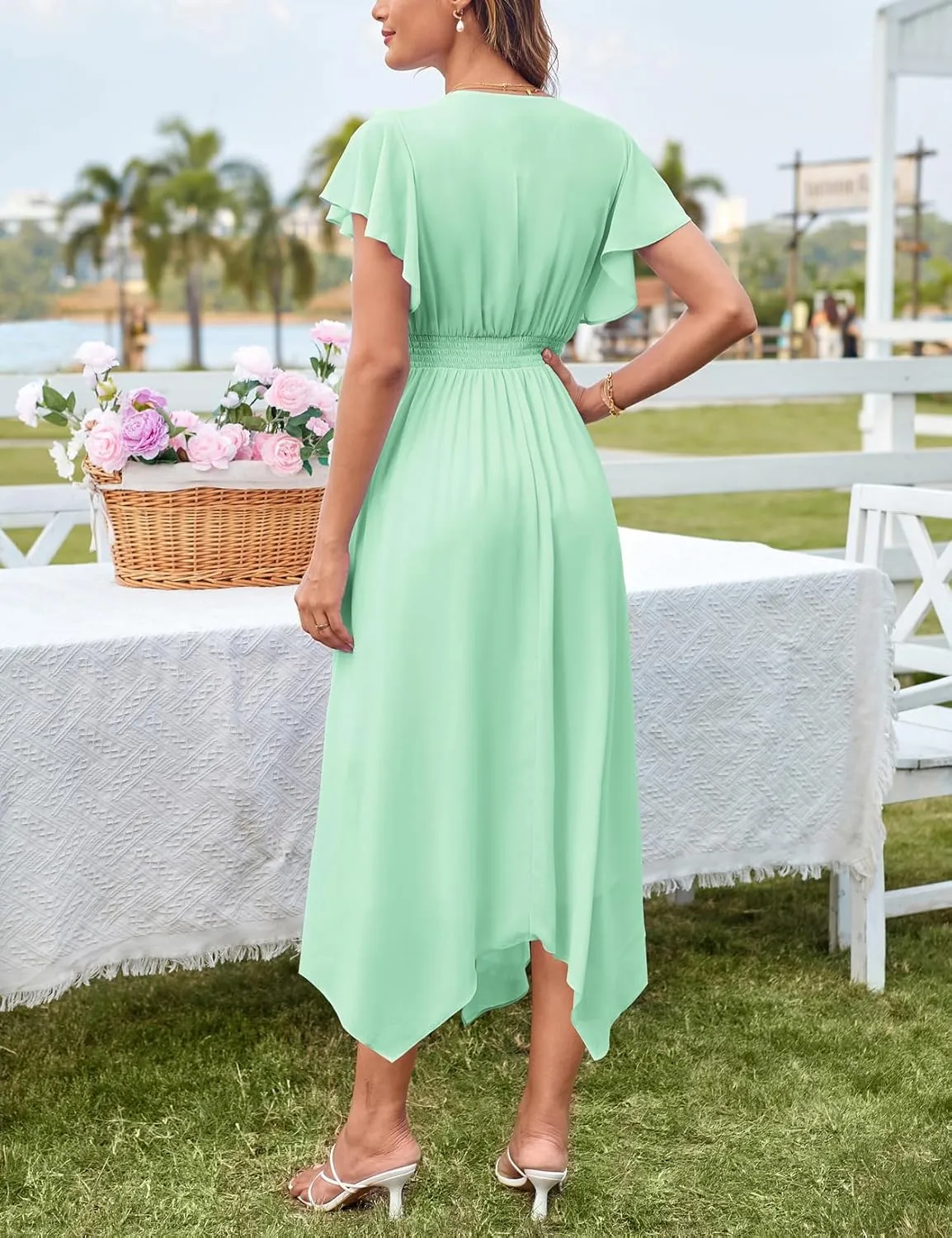 GRACE KARIN Women's Casual Summer V Neck Flutter Ruffle Short Sleeve 2025 Empire High Waist Flowy Midi Dresses