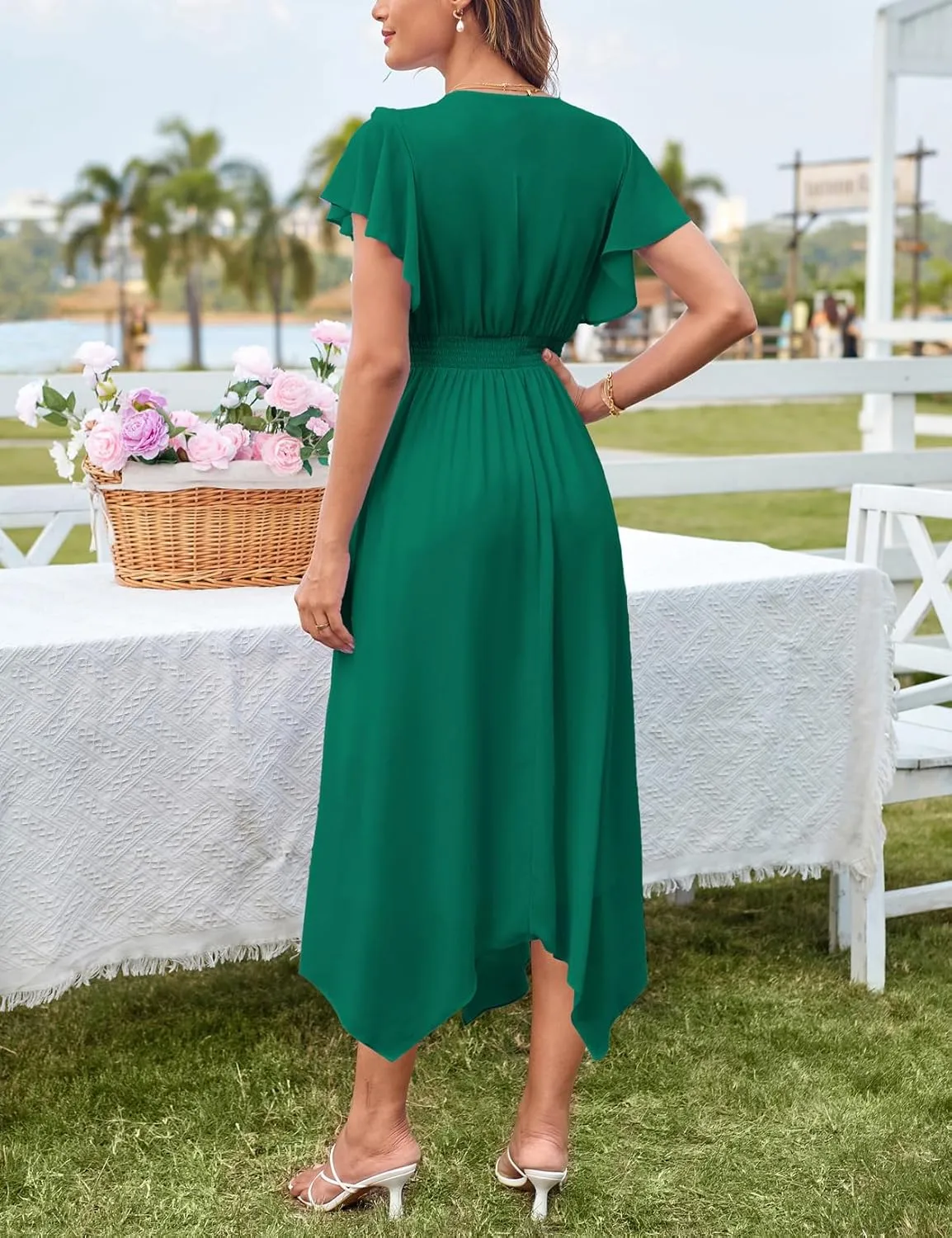 GRACE KARIN Women's Casual Summer V Neck Flutter Ruffle Short Sleeve 2025 Empire High Waist Flowy Midi Dresses