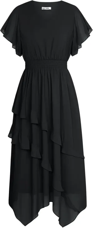 GRACE KARIN Women's Casual Summer V Neck Flutter Ruffle Short Sleeve 2025 Empire High Waist Flowy Midi Dresses