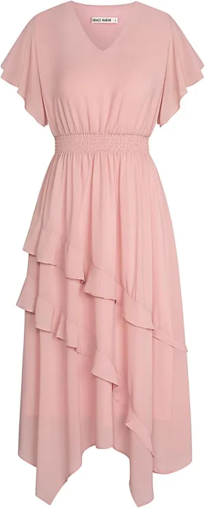 GRACE KARIN Women's Casual Summer V Neck Flutter Ruffle Short Sleeve 2025 Empire High Waist Flowy Midi Dresses