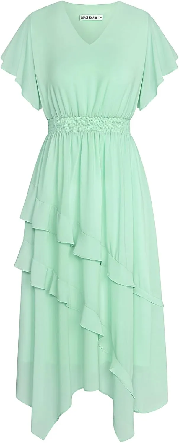 GRACE KARIN Women's Casual Summer V Neck Flutter Ruffle Short Sleeve 2025 Empire High Waist Flowy Midi Dresses