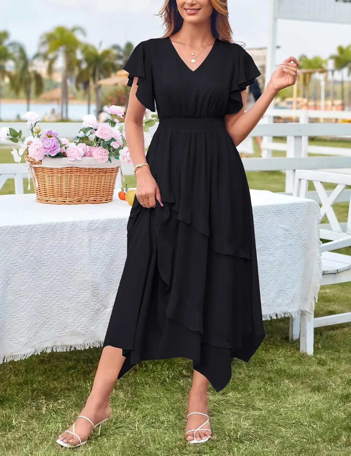 GRACE KARIN Women's Casual Summer V Neck Flutter Ruffle Short Sleeve 2025 Empire High Waist Flowy Midi Dresses