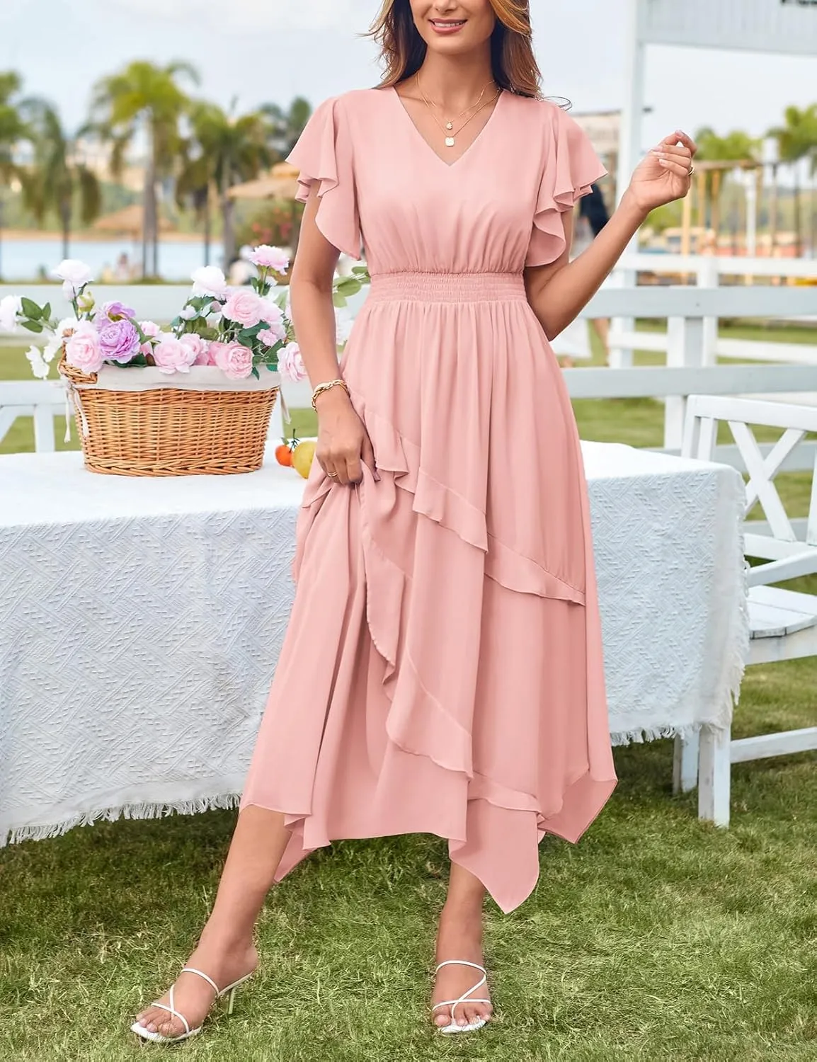 GRACE KARIN Women's Casual Summer V Neck Flutter Ruffle Short Sleeve 2025 Empire High Waist Flowy Midi Dresses
