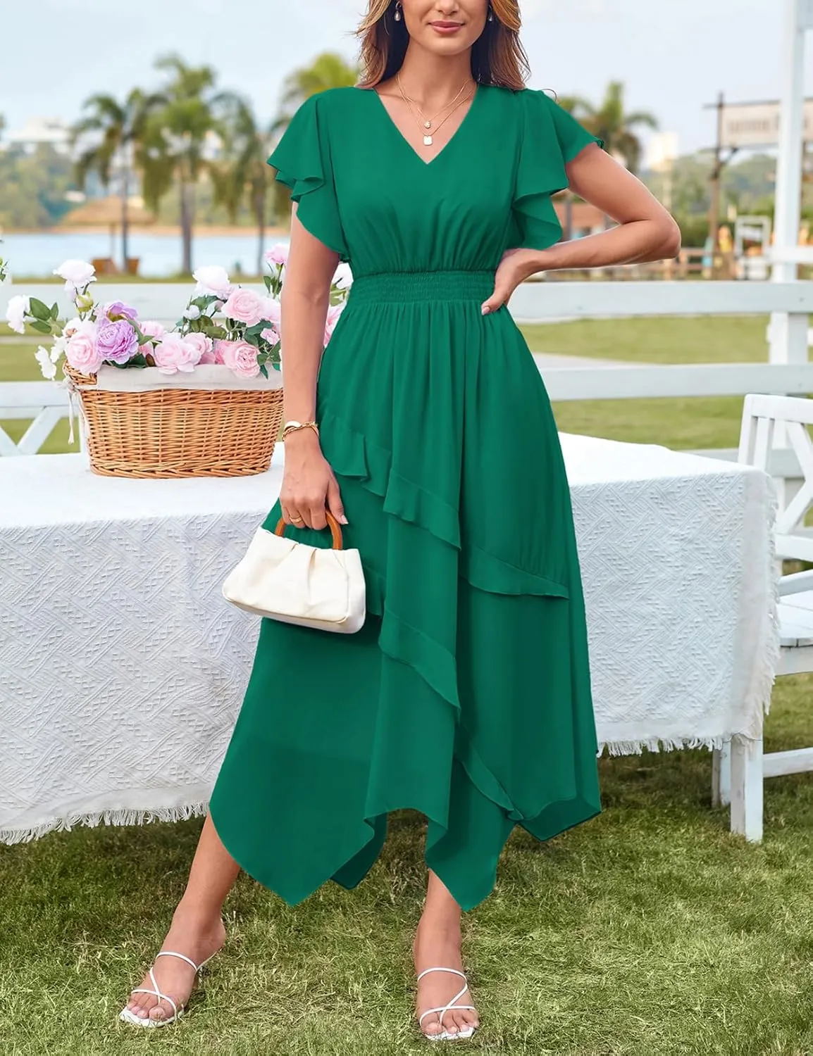GRACE KARIN Women's Casual Summer V Neck Flutter Ruffle Short Sleeve 2025 Empire High Waist Flowy Midi Dresses