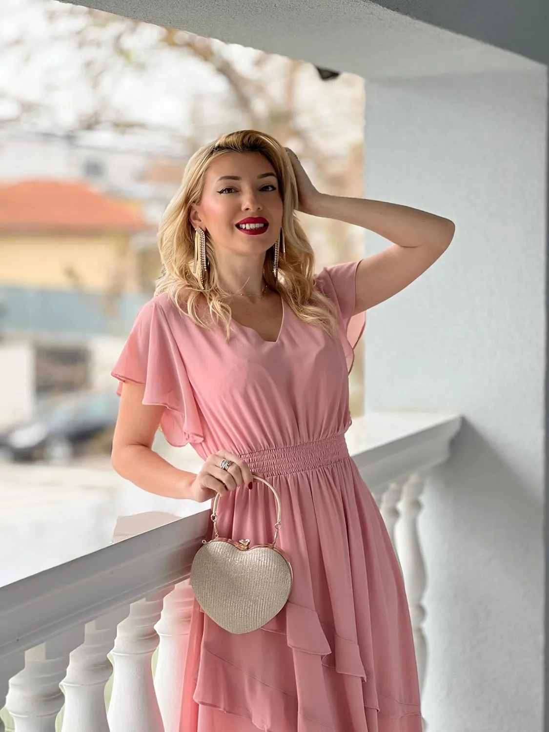 GRACE KARIN Women's Casual Summer V Neck Flutter Ruffle Short Sleeve 2025 Empire High Waist Flowy Midi Dresses