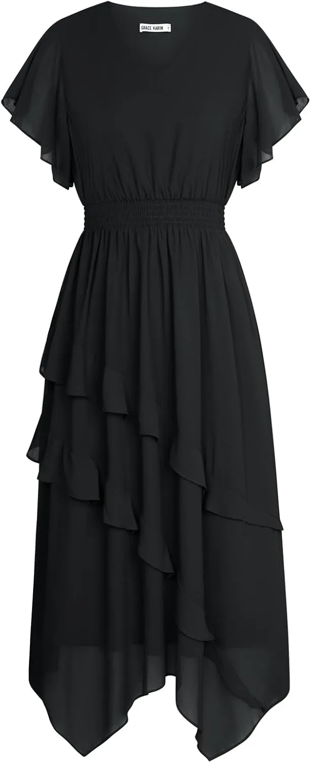 GRACE KARIN Women's Casual Summer V Neck Flutter Ruffle Short Sleeve 2025 Empire High Waist Flowy Midi Dresses