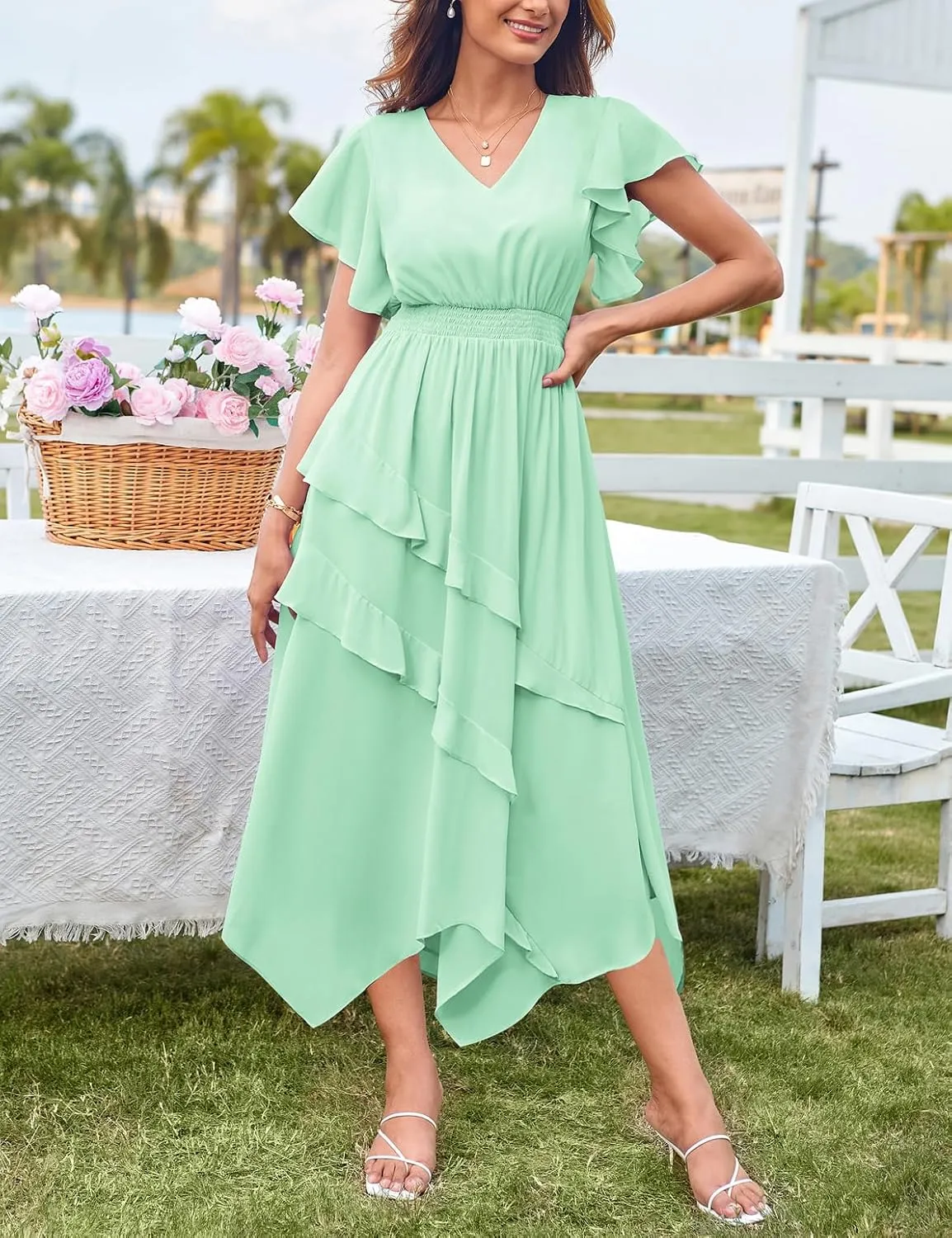 GRACE KARIN Women's Casual Summer V Neck Flutter Ruffle Short Sleeve 2025 Empire High Waist Flowy Midi Dresses