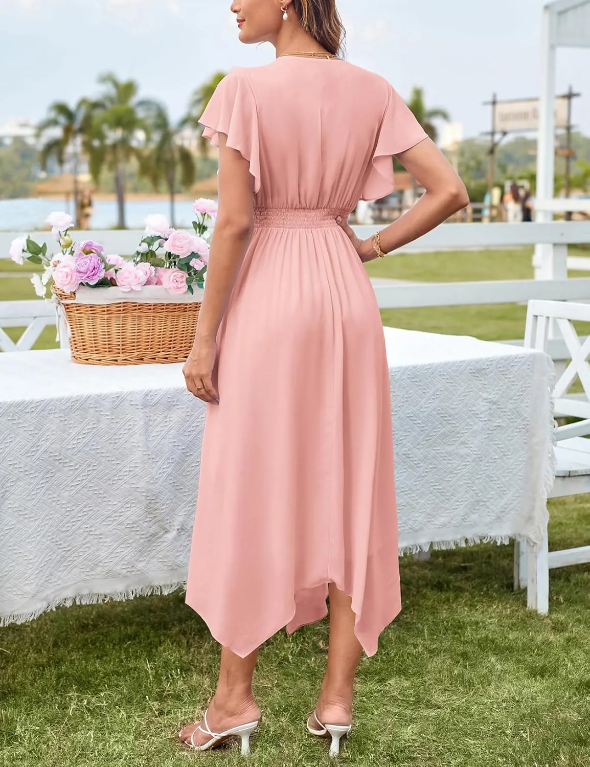 GRACE KARIN Women's Casual Summer V Neck Flutter Ruffle Short Sleeve 2025 Empire High Waist Flowy Midi Dresses