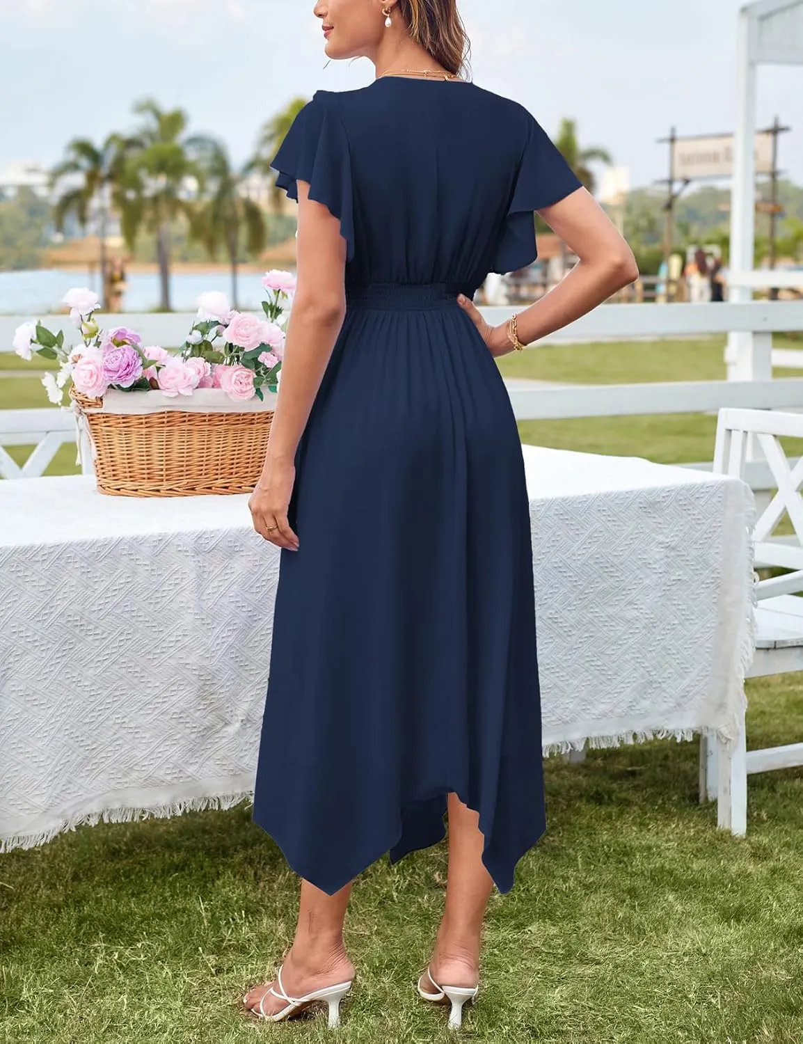 GRACE KARIN Women's Casual Summer V Neck Flutter Ruffle Short Sleeve 2025 Empire High Waist Flowy Midi Dresses