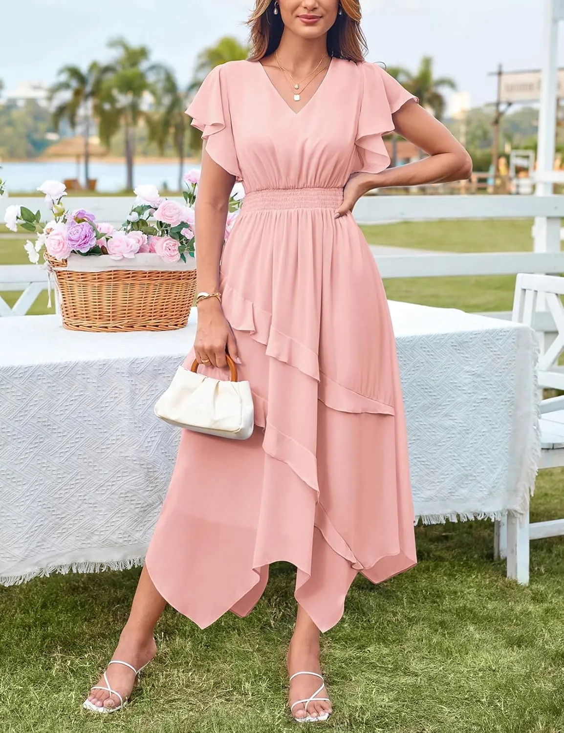 GRACE KARIN Women's Casual Summer V Neck Flutter Ruffle Short Sleeve 2025 Empire High Waist Flowy Midi Dresses