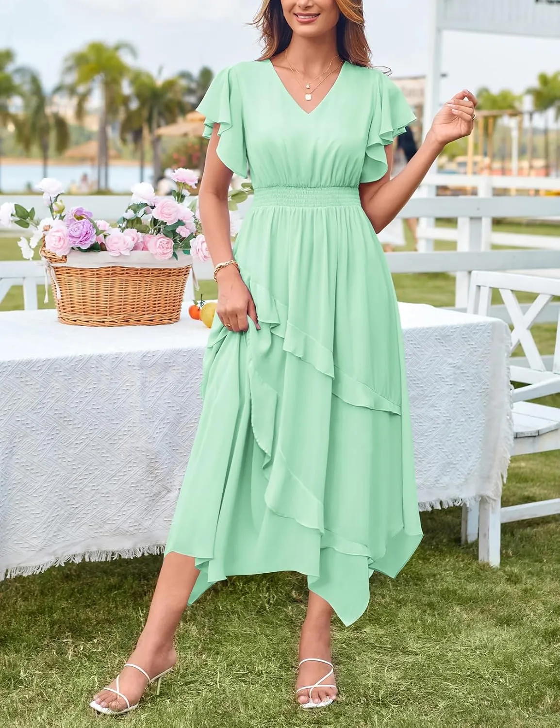 GRACE KARIN Women's Casual Summer V Neck Flutter Ruffle Short Sleeve 2025 Empire High Waist Flowy Midi Dresses