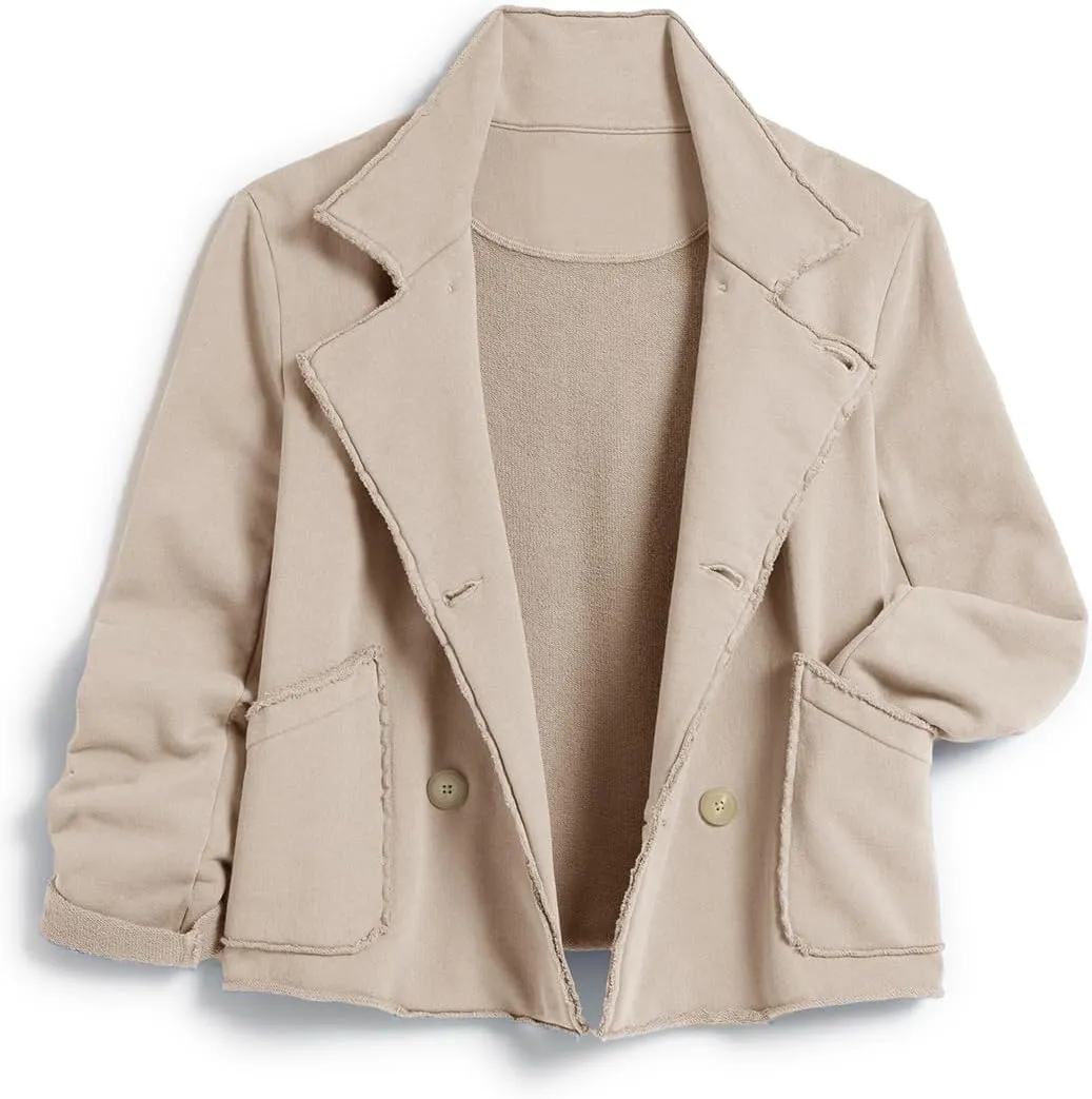 Haellun Womens Notched Peacoat Cropped Blazer Double Breasted Trench Coat Overcoat Jackets with Pockets
