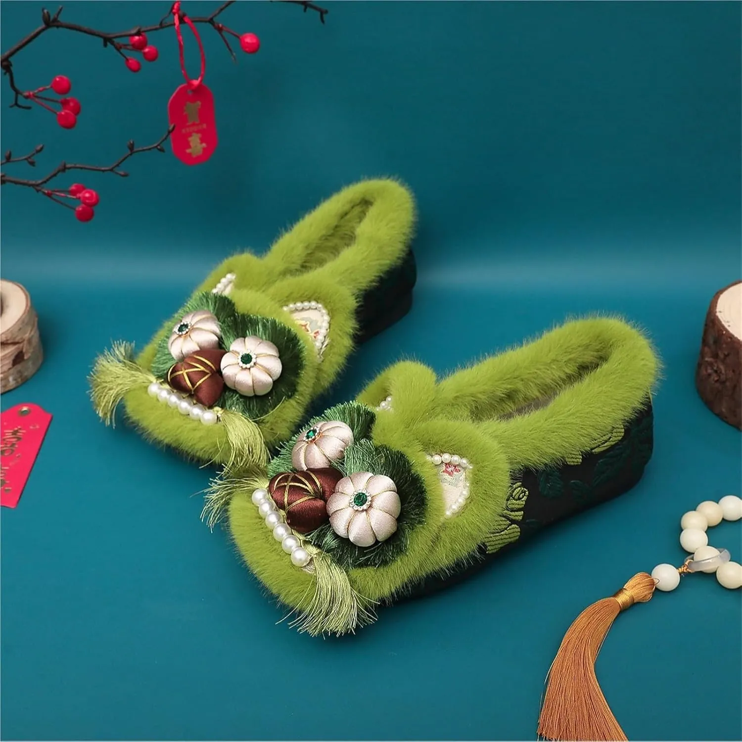Handmade Tiger Head Shoes for Women Chinese Ethnic Style Retro Cloth Flats Adult Embroidered Walking Shoes, Green