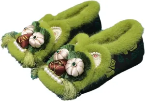 Handmade Tiger Head Shoes for Women Chinese Ethnic Style Retro Cloth Flats Adult Embroidered Walking Shoes, Green