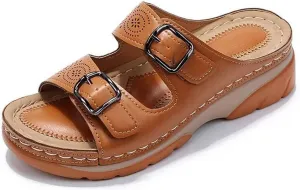 Haraketlt 2023 New Women Leather Sandals with Arch Support, Summer Breathable Adjustable Slip On Sandals Orthopedic Diabetic Wedge, Comfortable Casual Anti-Slip Open Toe Walking Beach Slippers Shoes