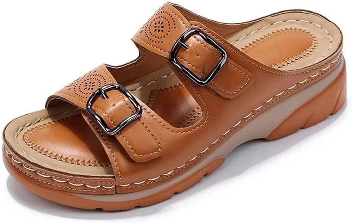 Haraketlt 2023 New Women Leather Sandals with Arch Support, Summer Breathable Adjustable Slip On Sandals Orthopedic Diabetic Wedge, Comfortable Casual Anti-Slip Open Toe Walking Beach Slippers Shoes
