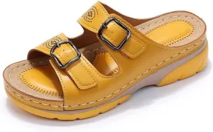 Haraketlt 2023 New Women Leather Sandals with Arch Support, Summer Breathable Adjustable Slip On Sandals Orthopedic Diabetic Wedge, Comfortable Casual Anti-Slip Open Toe Walking Beach Slippers Shoes
