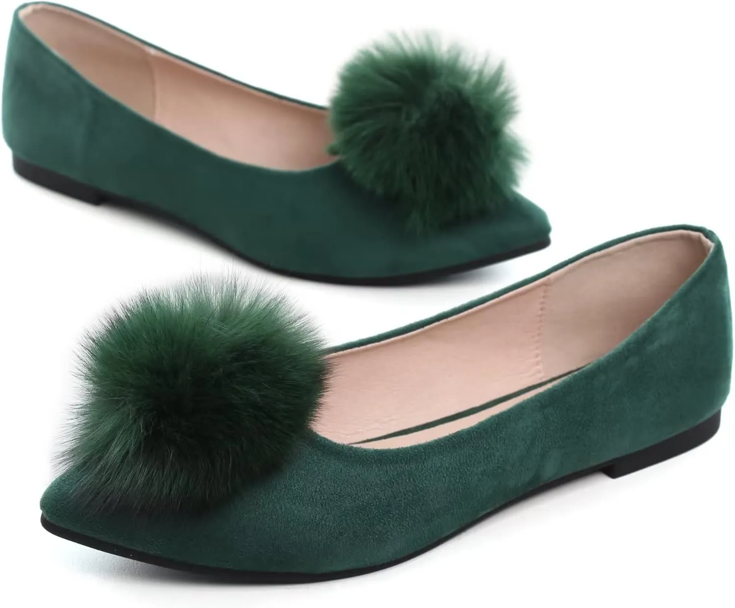 Hee grand Women Pom Pom Causal Flats -Solid Slip on Shallow Comfortable Ballet Shoes
