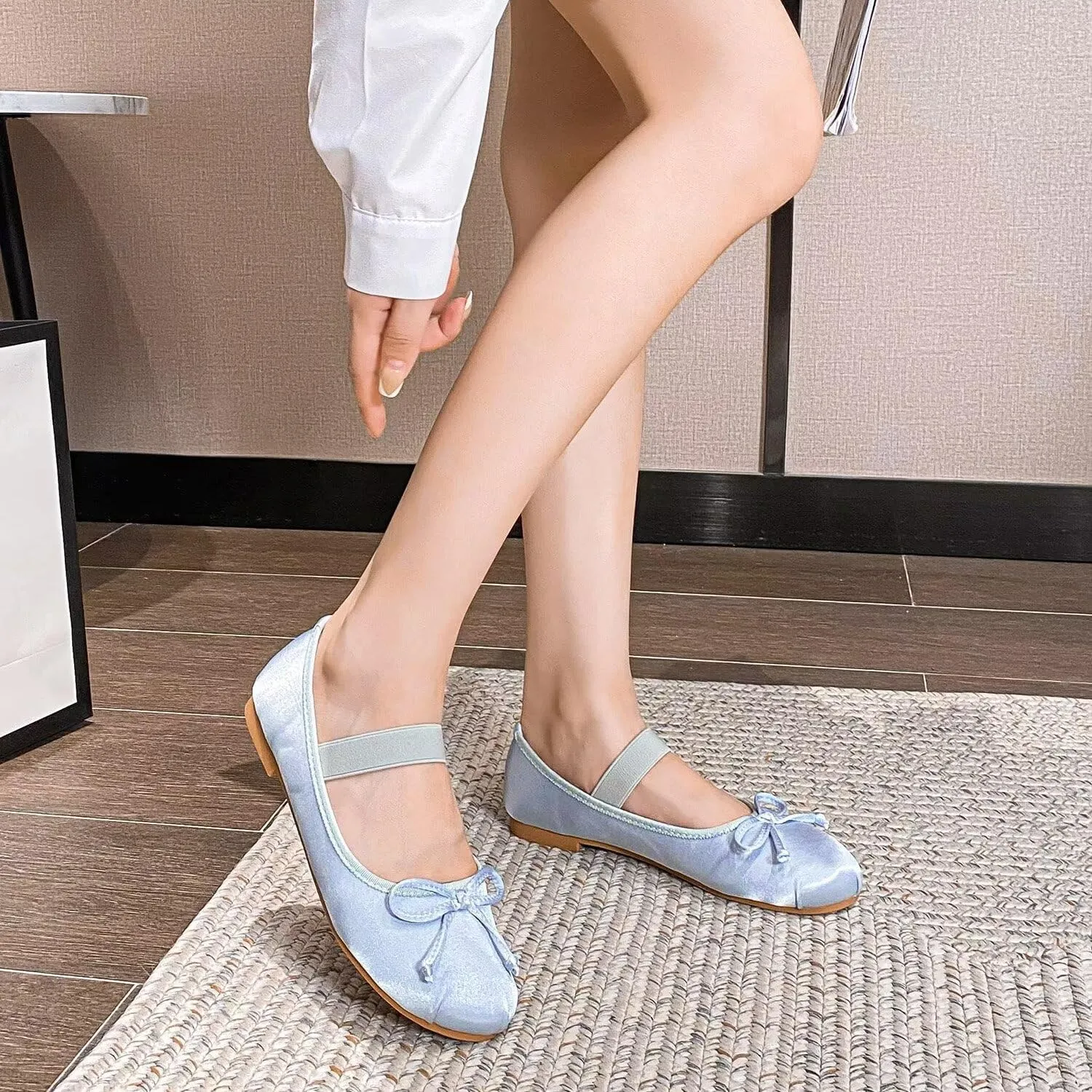 Hee grand Women's Cute Round Toe Ballerina Flats Bowknot Mary Jane Shoes Comfort Dancing Shoes Elegant Satin Dress Shoes