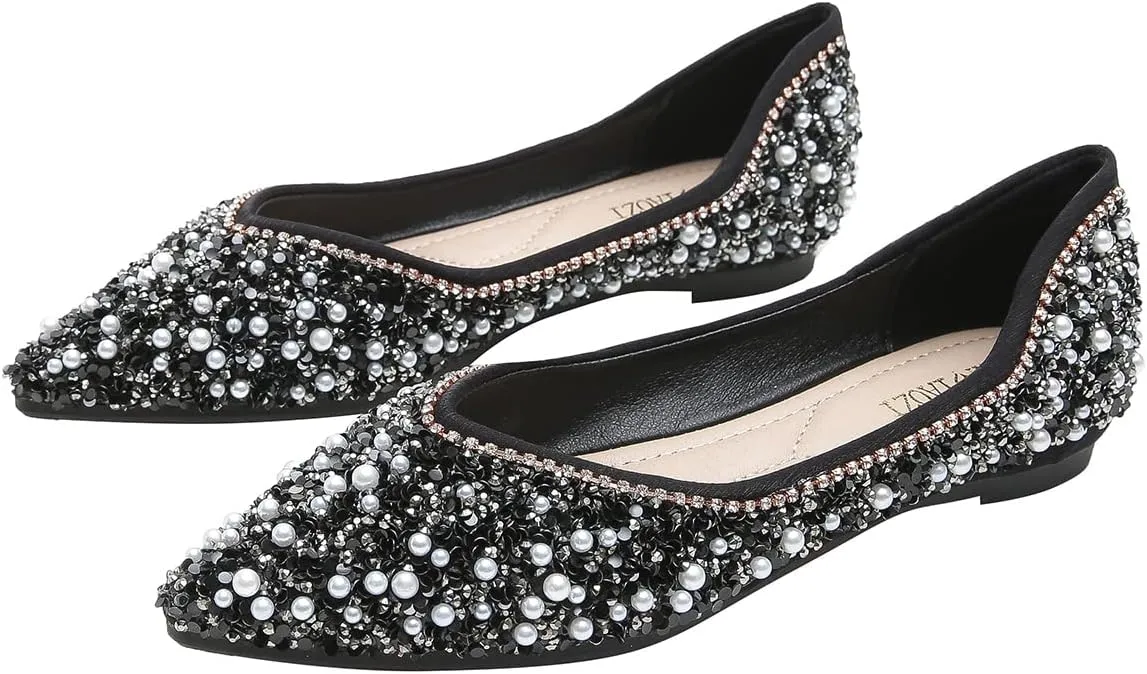 Hee grand Women's Slip On Pointed Toe Ballet Flats Rhinestone Sequins Fashion Flat Shoes for Work Wedding Dress Shoes