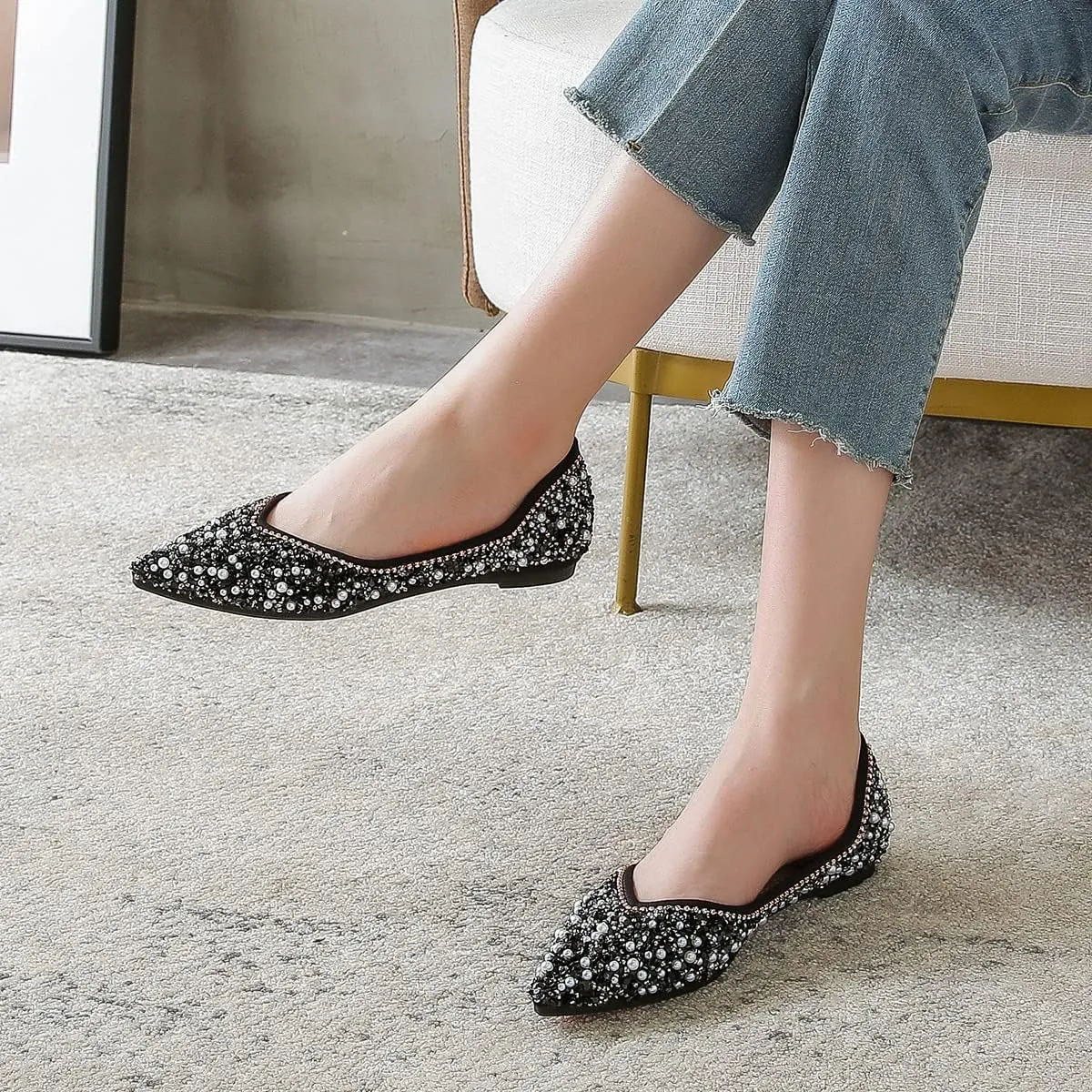 Hee grand Women's Slip On Pointed Toe Ballet Flats Rhinestone Sequins Fashion Flat Shoes for Work Wedding Dress Shoes