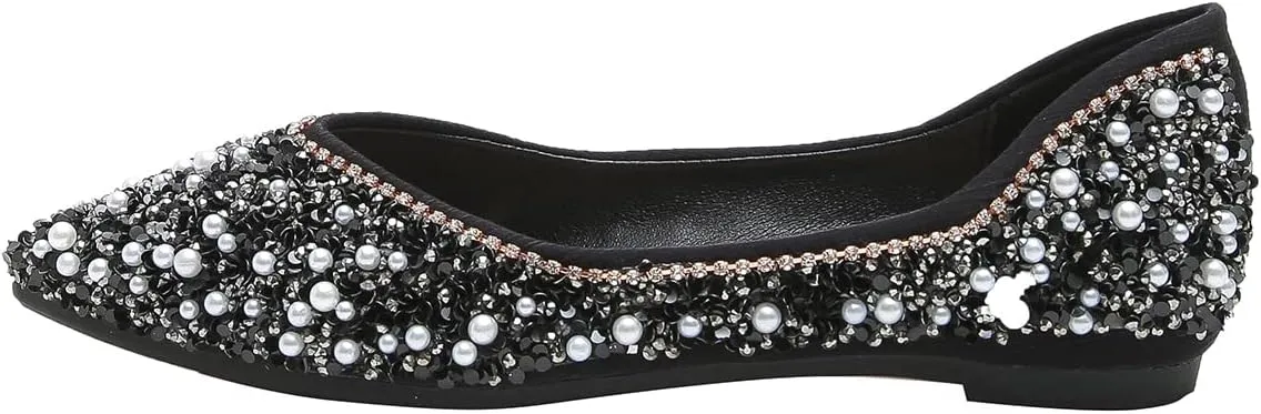 Hee grand Women's Slip On Pointed Toe Ballet Flats Rhinestone Sequins Fashion Flat Shoes for Work Wedding Dress Shoes