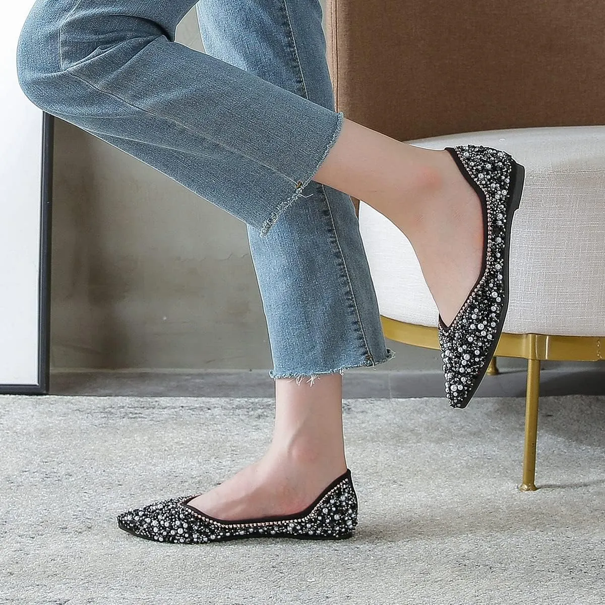 Hee grand Women's Slip On Pointed Toe Ballet Flats Rhinestone Sequins Fashion Flat Shoes for Work Wedding Dress Shoes