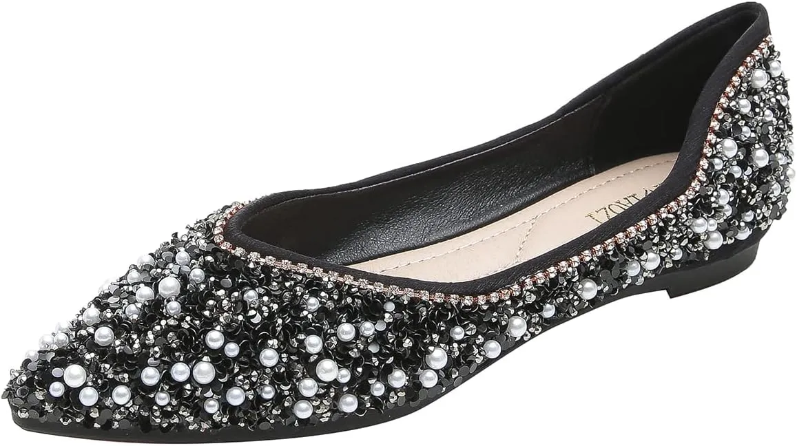 Hee grand Women's Slip On Pointed Toe Ballet Flats Rhinestone Sequins Fashion Flat Shoes for Work Wedding Dress Shoes
