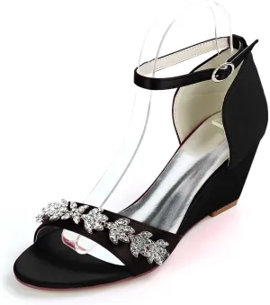 Heeled Wedge Sandals for Women,Buckle Open Toe High Heels Satin Dress Rhinestones Wedding Party Evening for Party Wedding