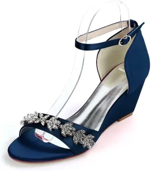 Heeled Wedge Sandals for Women,Buckle Open Toe High Heels Satin Dress Rhinestones Wedding Party Evening for Party Wedding