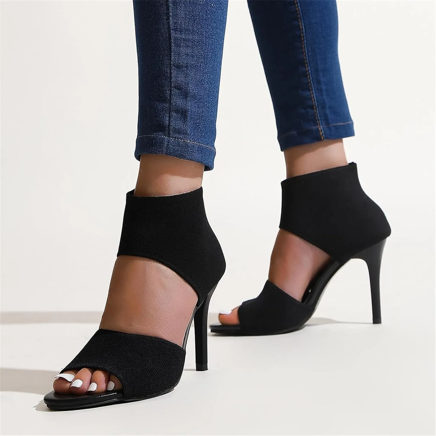 High Heel with Elastic Back 2025 Peep Toe Heels for Women Open Toe Elegant Stiletto Black Orthopedic Sandals Breathable Mesh Knit Elastic Design Upper Comfortable Shoes