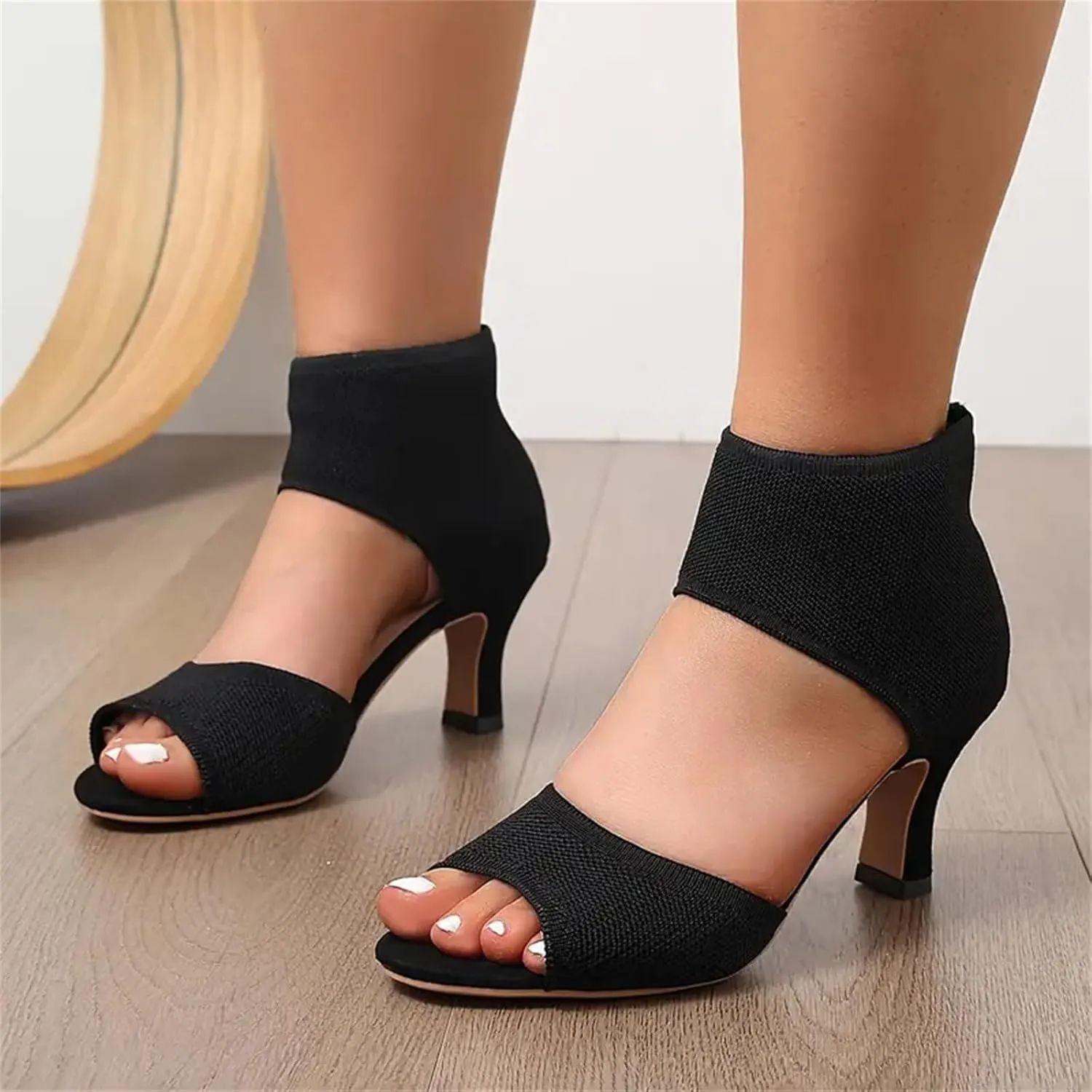 High Heel with Elastic Back 2025 Peep Toe Heels for Women Open Toe Elegant Stiletto Black Orthopedic Sandals Breathable Mesh Knit Elastic Design Upper Comfortable Shoes