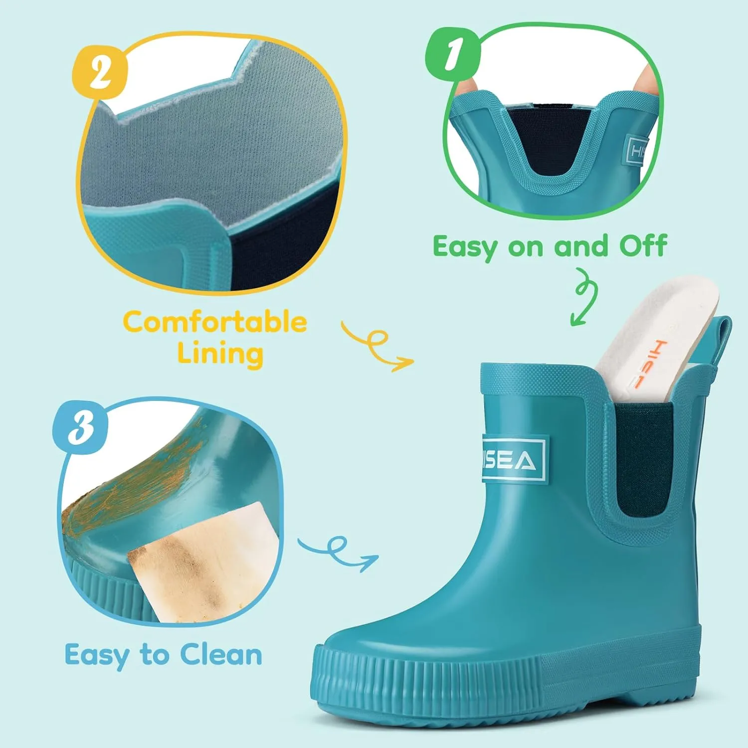 HISEA 100% Natural Rubber Boots for Kids Toddlers Ankle Rain Boots Waterproof Deck Shoes Boys Girls