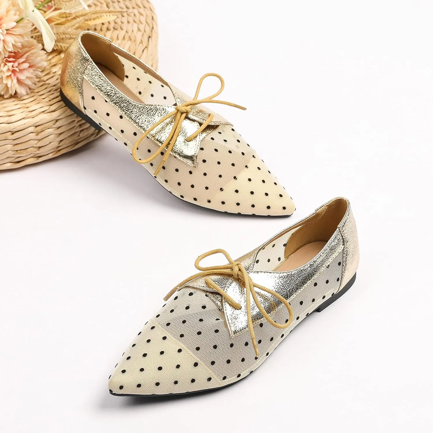 Hopomart Women's Mesh Polka Dots Breathable Pointed Toe Casual Shoes Fashion Lace Up Comfort Lightweight Slip On Flat Ballet Shoes