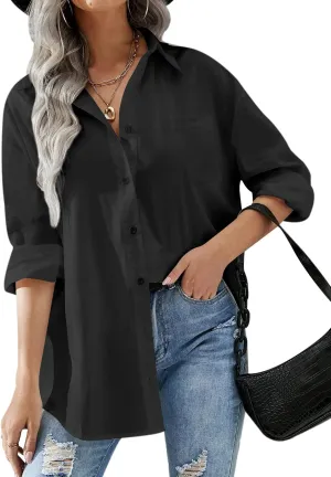 HOTOUCH Women Oversized Button Down Shirts Office Drop Shoulder Blouse Long Sleeve Boyfriend Dress Shirt with Pockets
